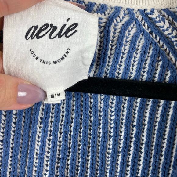 Aerie Sugar Rush Chenille Polo Henley Sweater Striped Oversized Coastal Preppy M - Picture 6 of 15